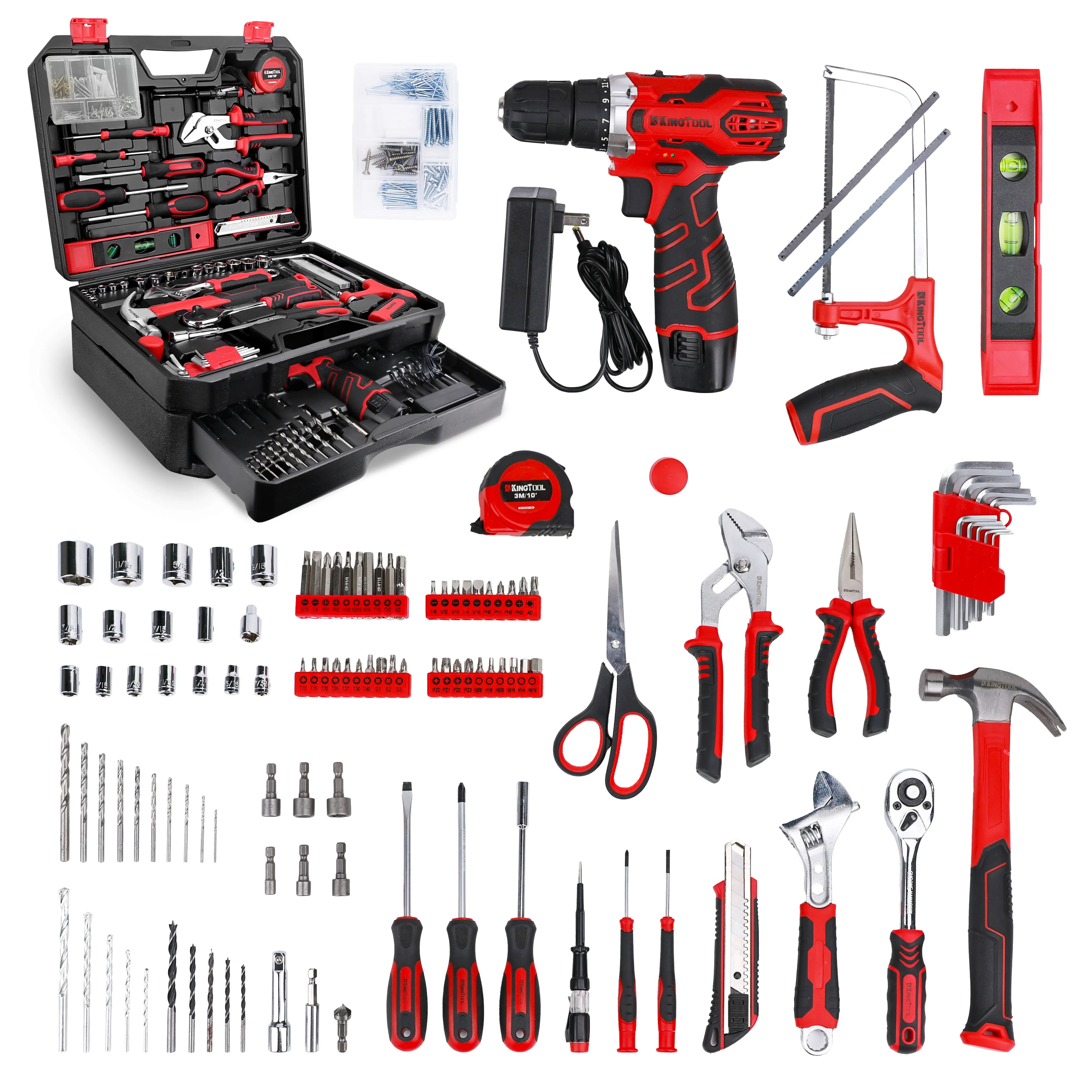 KingTool 276 PCS Home Tool Kit with 12V Drill Drawer Case