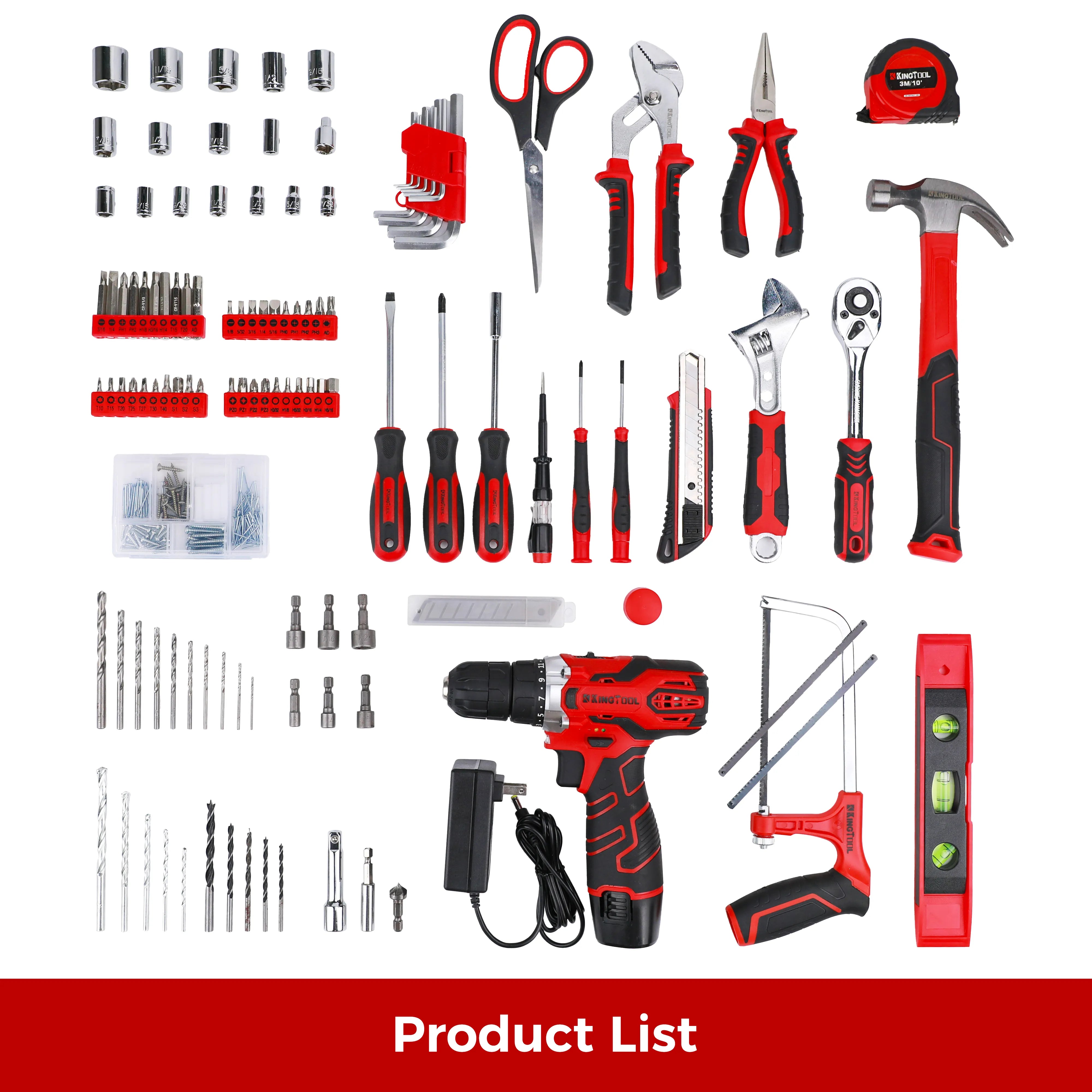 KingTool 276 PCS Home Tool Kit with 12V Drill Drawer Case