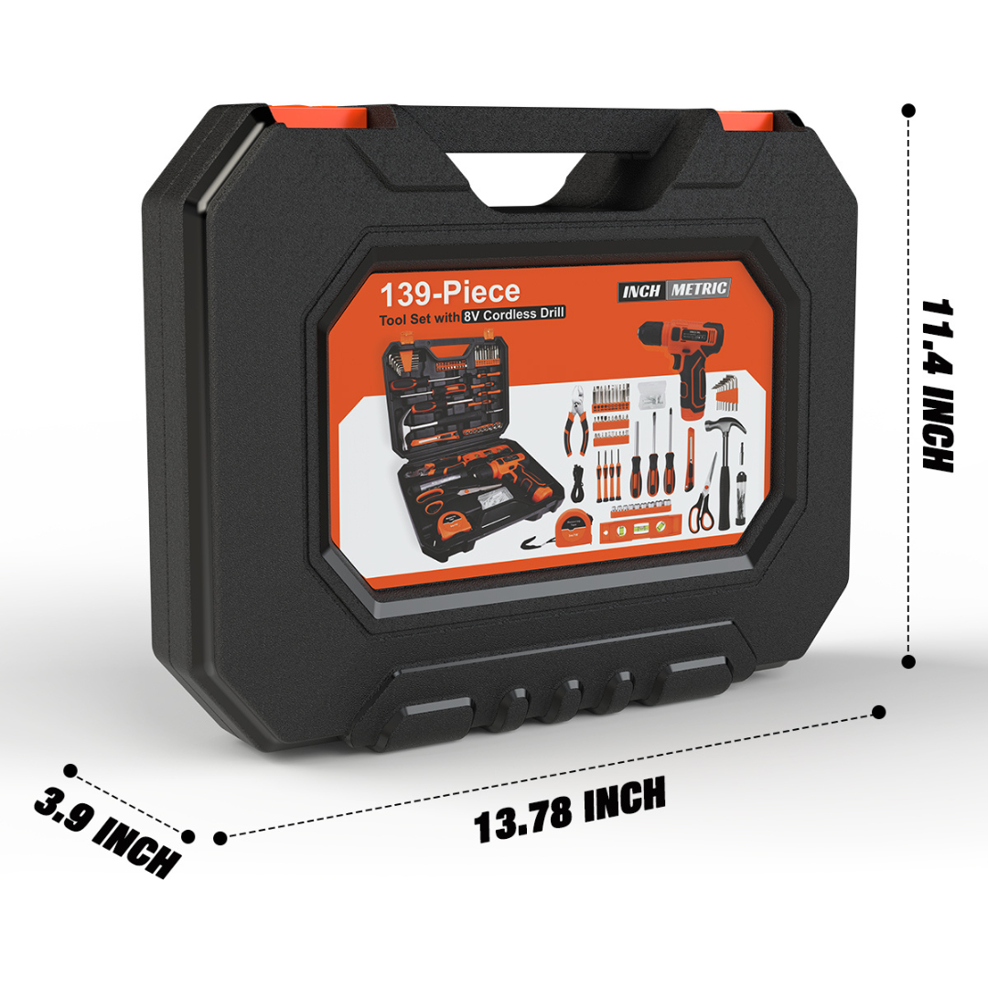 KingTool 139 PCS Home Tool Kit with 8V Drill Storage Case