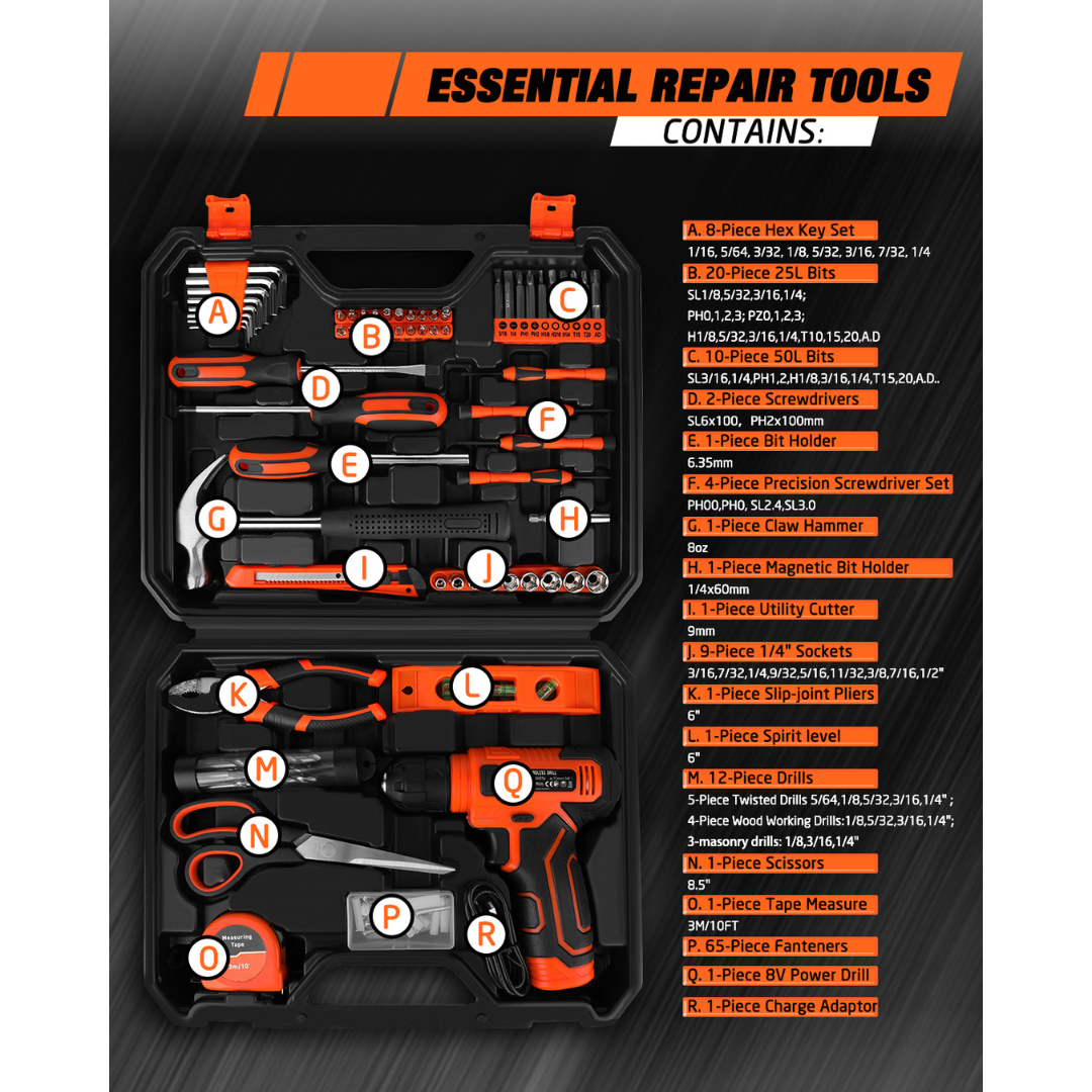 KingTool 139 PCS Home Tool Kit with 8V Drill Storage Case