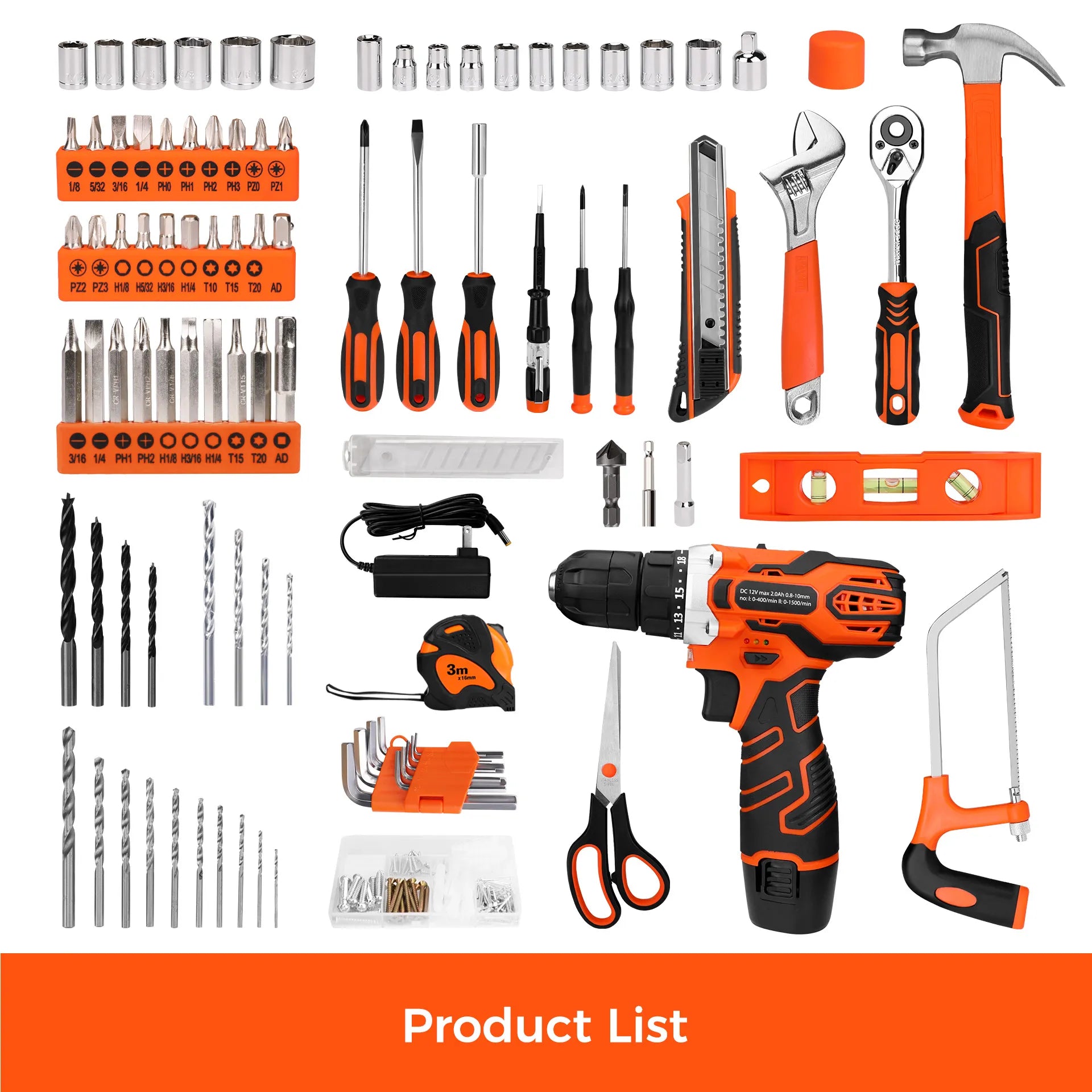 KingTool 255 PCS Home Tool Kit with 12V Drill Storage Case