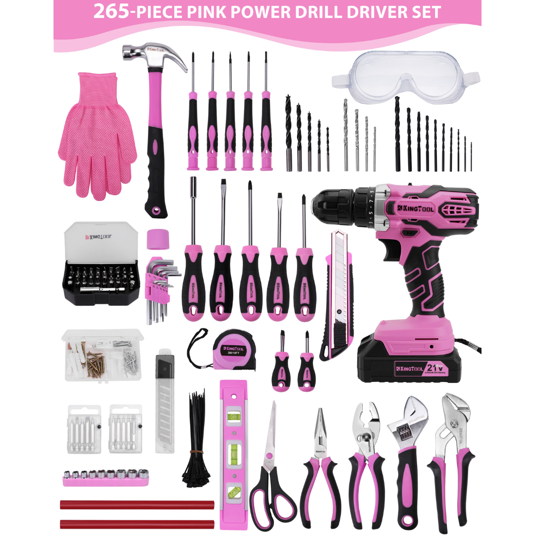 KingTool 267 PCS Pink Home Tool Kit with 21V Drill Storage Bag