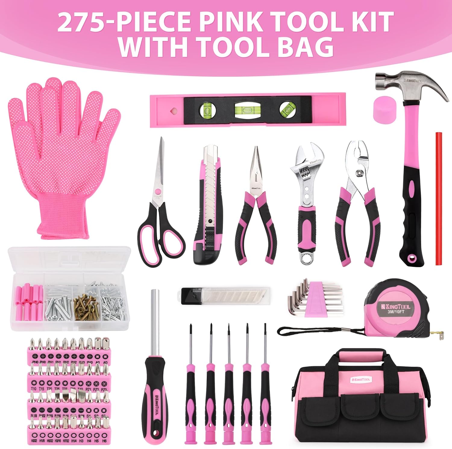 KingTool 275 PCS Pink Home Tool Set with Wide Mouth Storage Bag