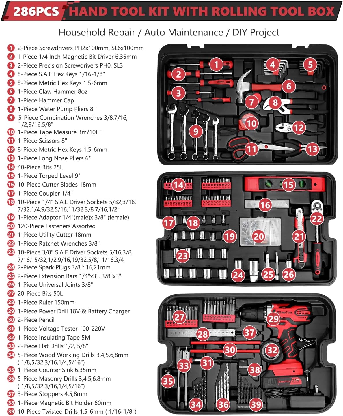 KingTool 286 PCS Home Tool Kit with Rolling Case 21V Drill