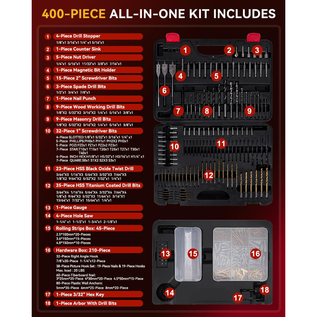 KingTool 400 PCS Drill Bit Set with Slide Drawer Case