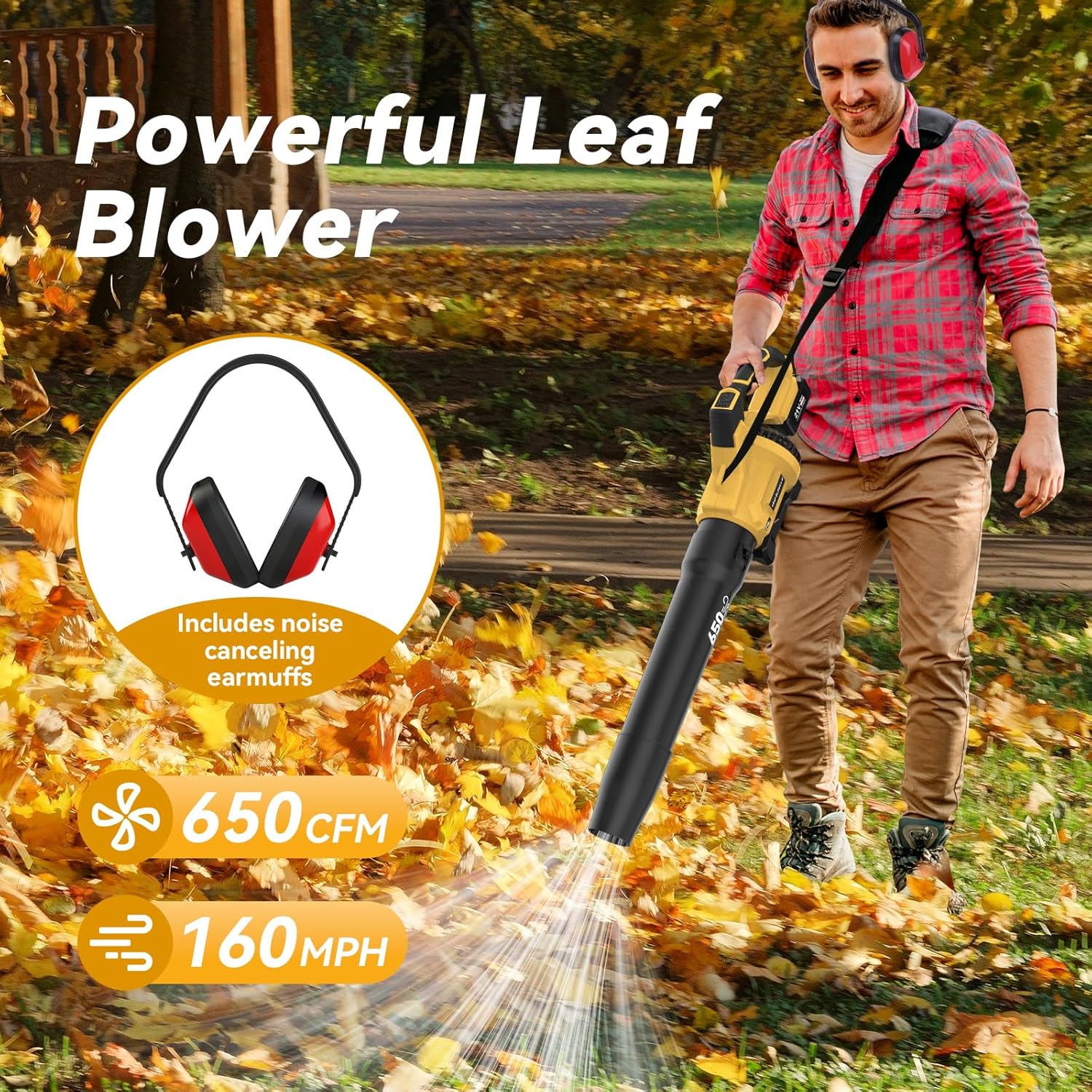 KingTool 21V Cordless Leaf Blower - 650CFM with Ear Muffs (2 Batteries)