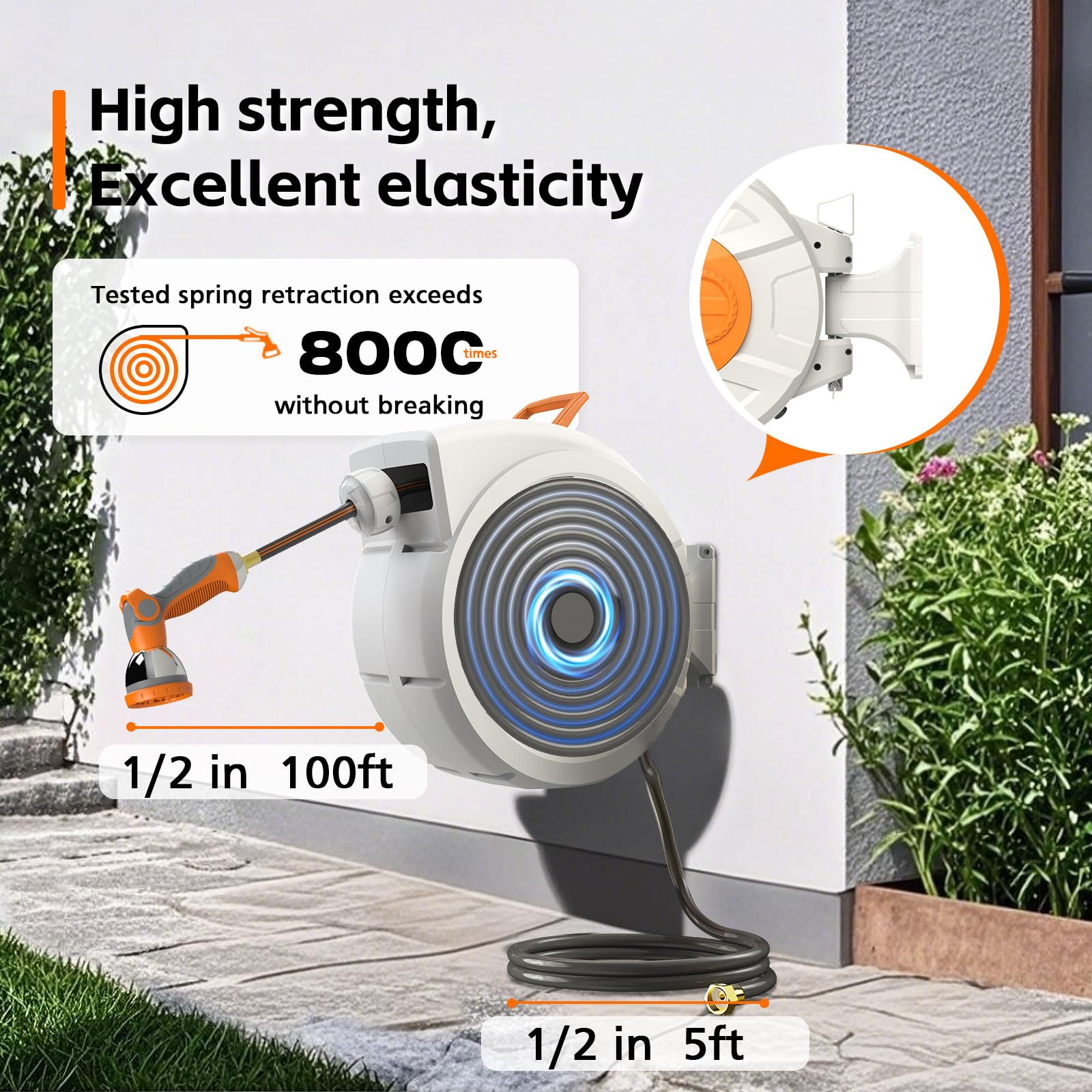 KingTool Retractable Garden Hose Reel - 100ft 1/2" Hose, 145 PSI