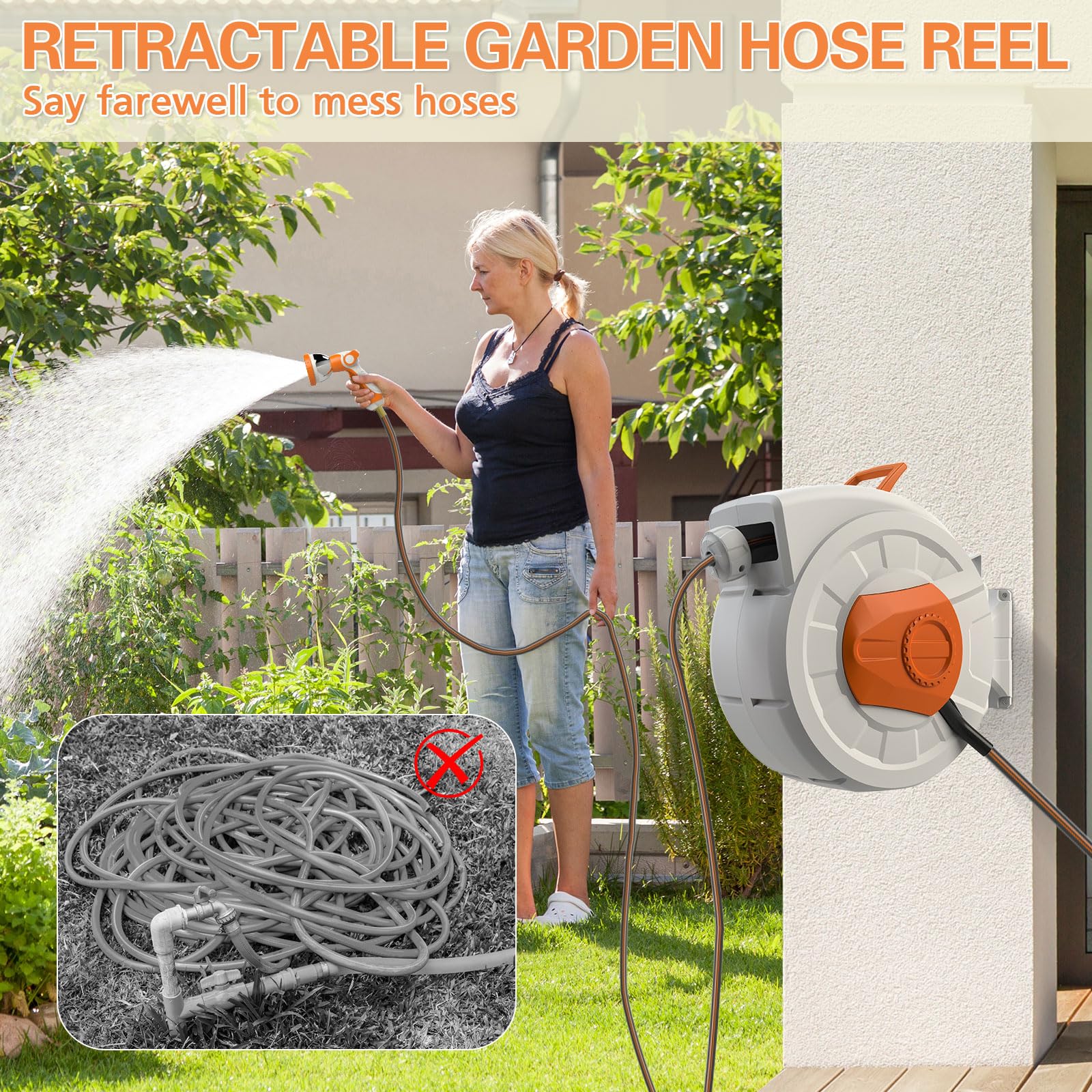 KingTool Retractable Garden Hose Reel - 100ft 1/2" Hose, 145 PSI
