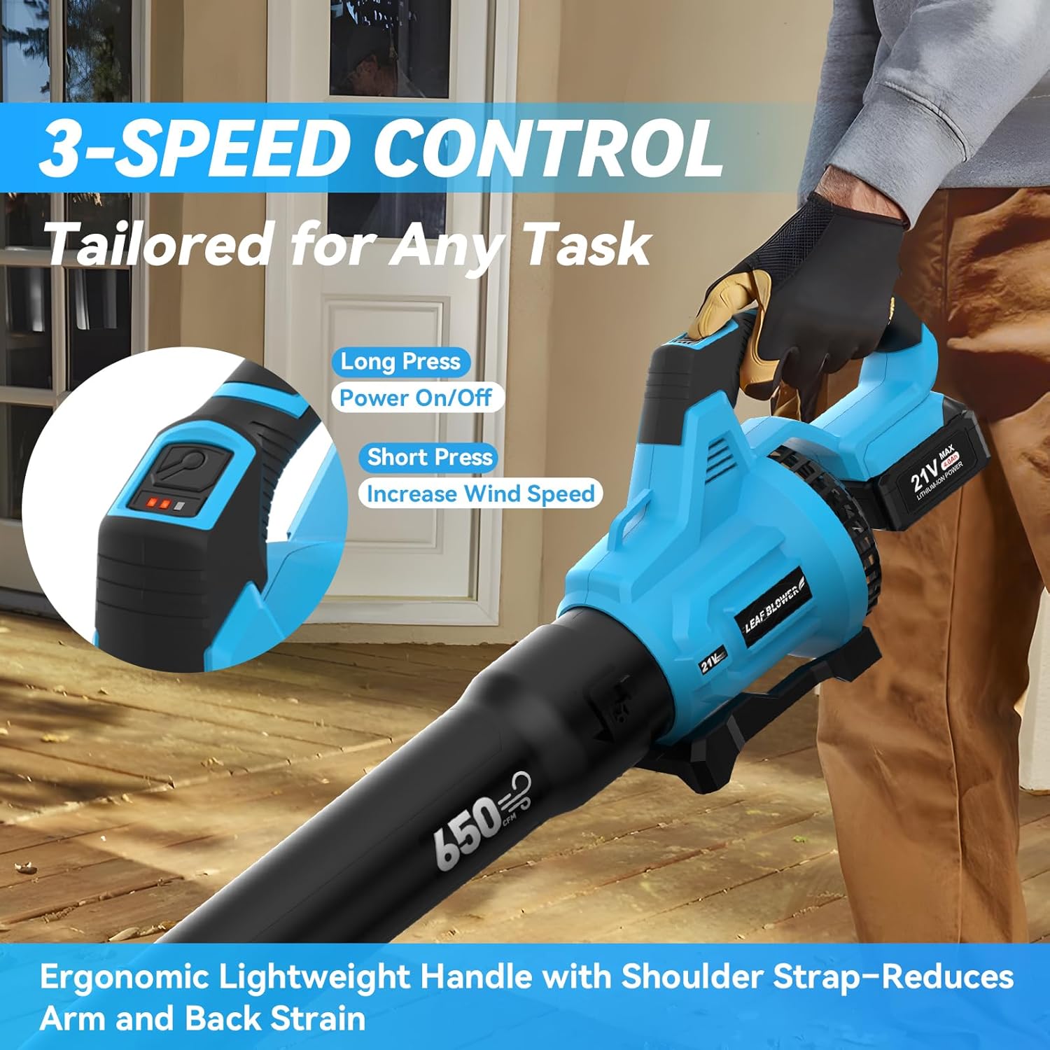 KingTool 21V Cordless Leaf Blower - 650CFM with Ear Muffs (2 Batteries)