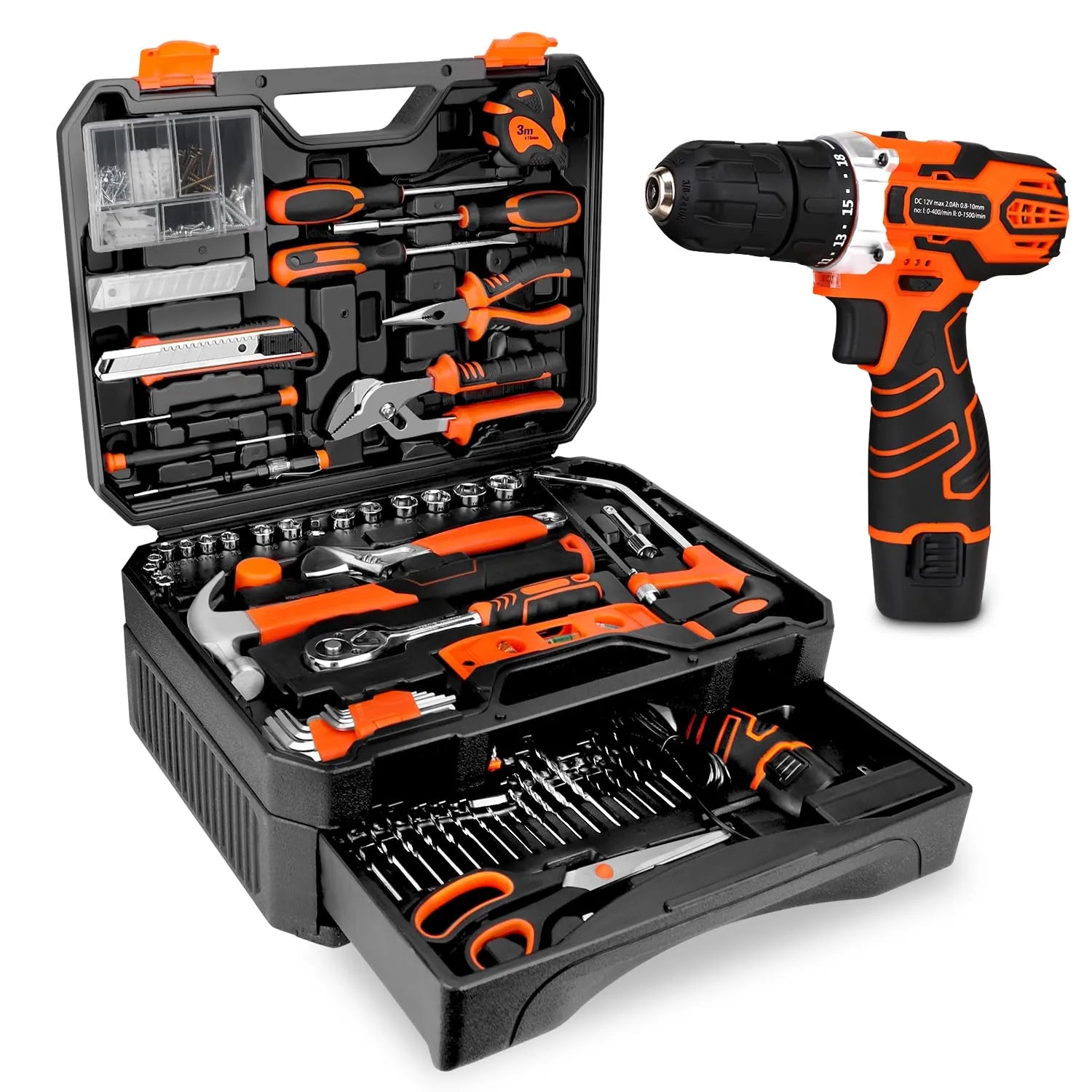 KingTool 255 PCS Home Tool Kit with 12V Drill Storage Case