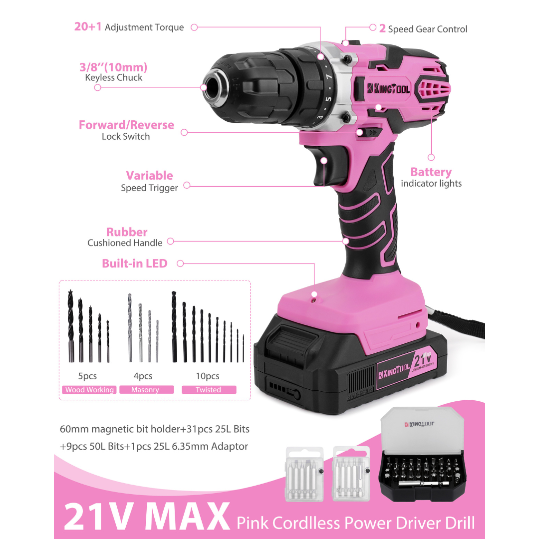 KingTool 267 PCS Pink Home Tool Kit with 21V Drill Storage Bag