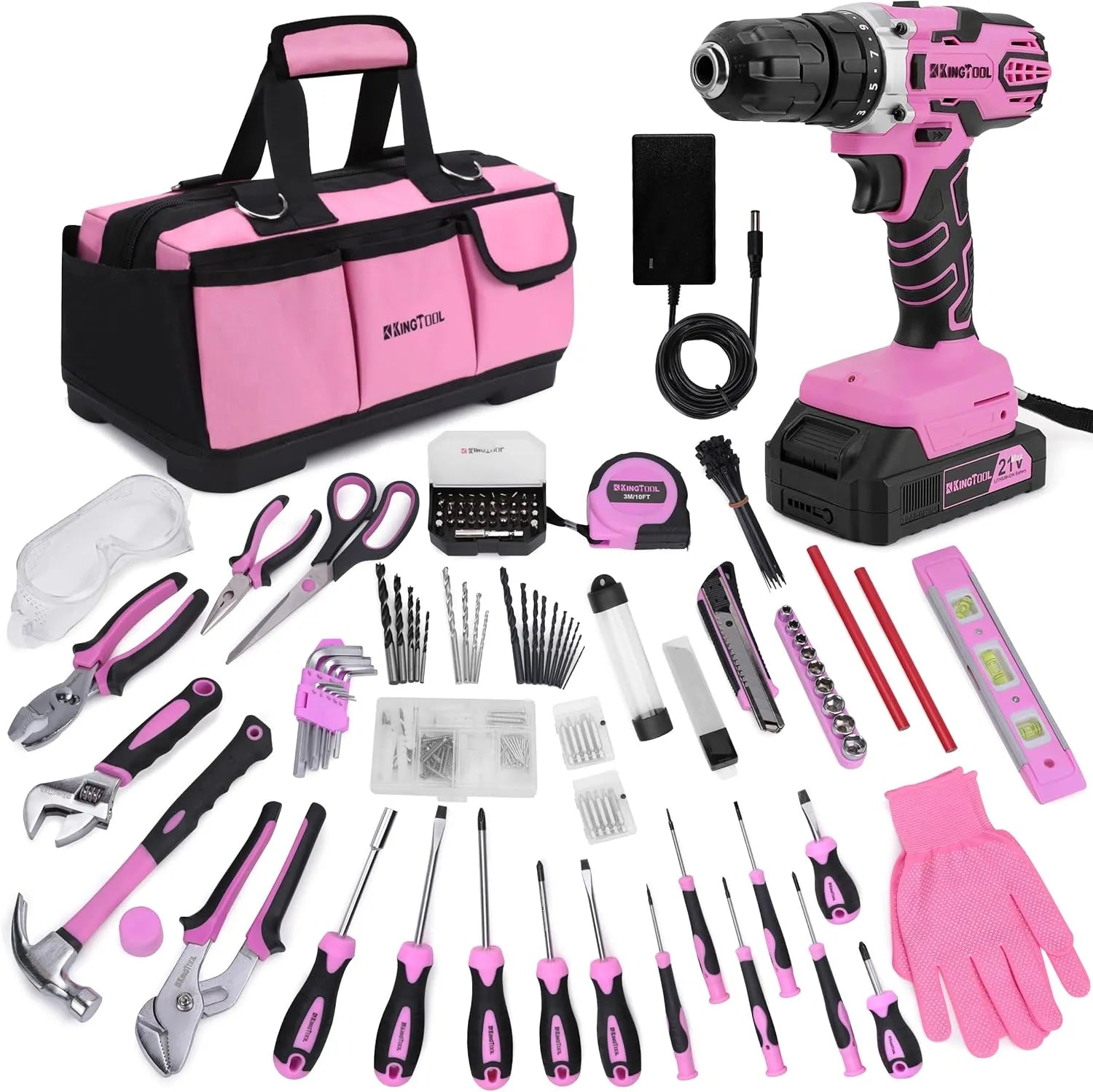KingTool 267 PCS Pink Home Tool Kit with 21V Drill Storage Bag