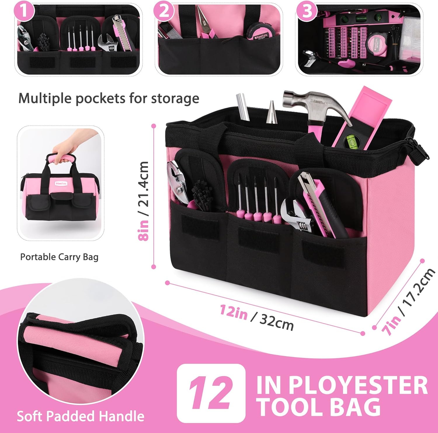 KingTool 275 PCS Pink Home Tool Set with Wide Mouth Storage Bag