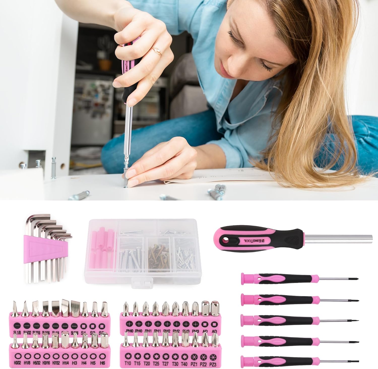 KingTool 275 PCS Pink Home Tool Set with Wide Mouth Storage Bag
