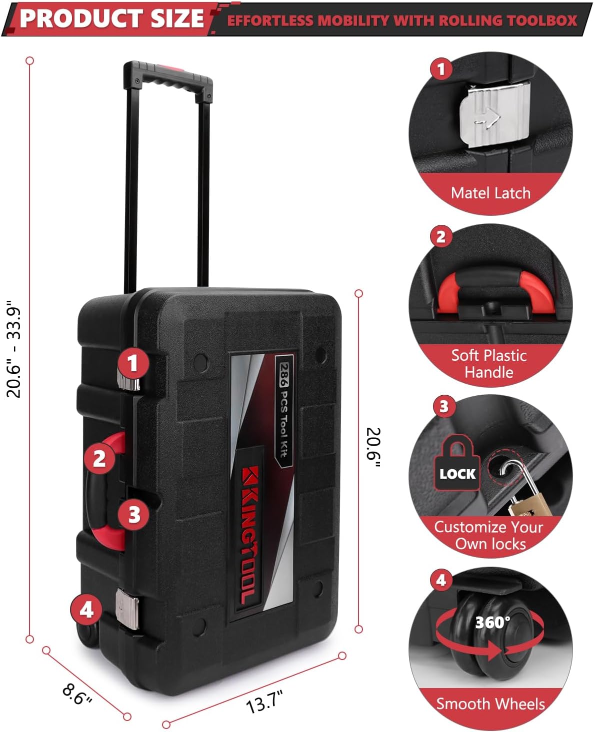 KingTool 286 PCS Home Tool Kit with Rolling Case 21V Drill