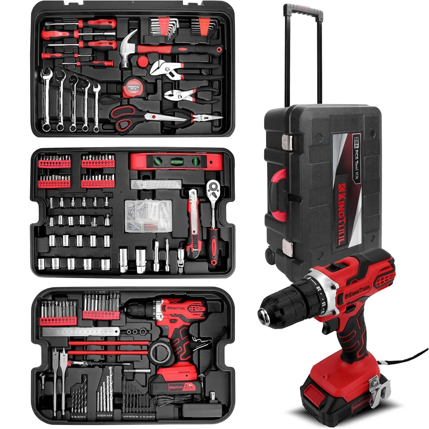 KingTool 286 PCS Home Tool Kit with Rolling Case 21V Drill