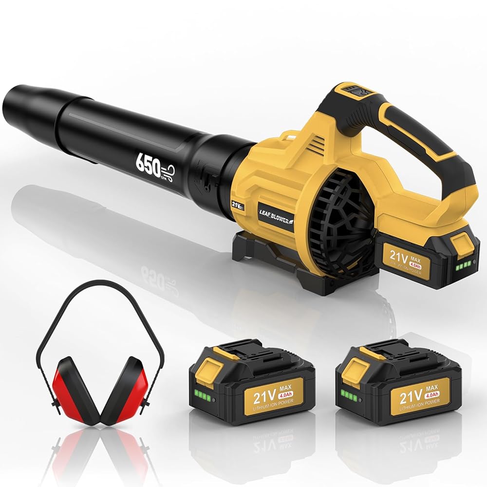 KingTool 21V Cordless Leaf Blower - 650CFM with Ear Muffs (2 Batteries)