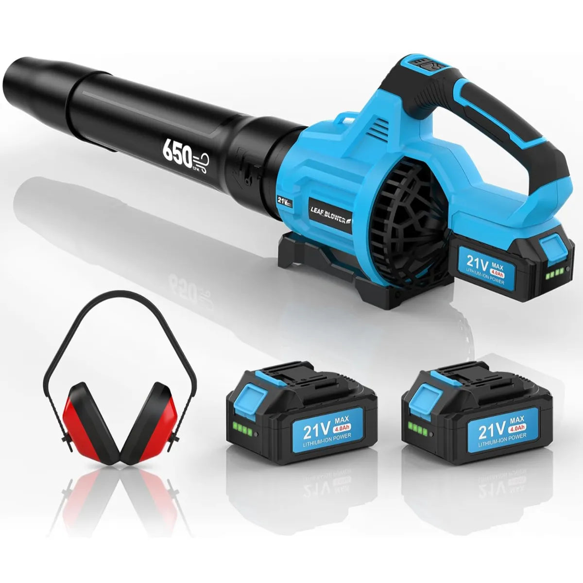 KingTool 21V Cordless Leaf Blower - 650CFM with Ear Muffs (2 Batteries)